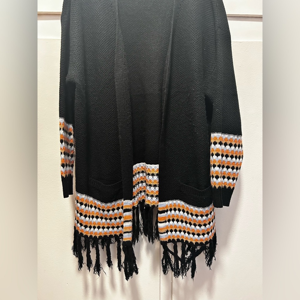 Black and Multicolor Fringed Women's cardigan
